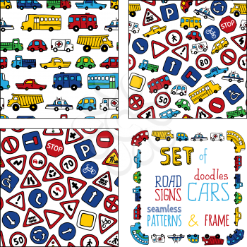 Set of seamless patterns and frame isolated on white background. Seamless patterns can be used for children wallpapers, web site background or wrapping paper.