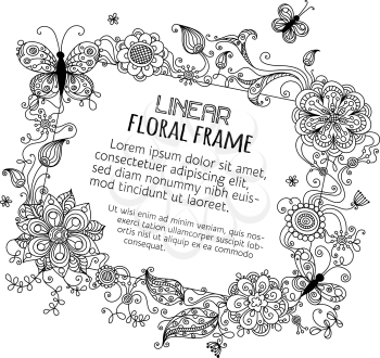 Illustration with linear floral elements and place for your text. Black and white illustration. 