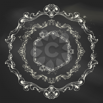 Vintage frames and page decorations on blackboard background. There is place for your text in the center.