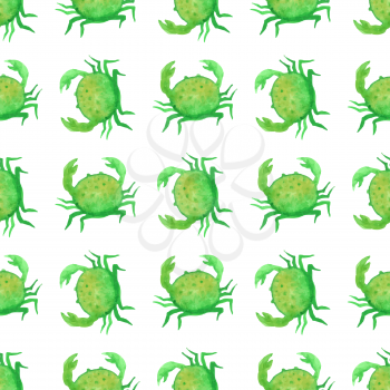 Green watercolour crabs on white background. Boundless pattern can be used for web page backgrounds, wallpapers, wrapping papers, invitation and summer designs.
