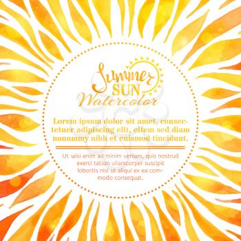 Bright hand-painted sun on white background. There is place for your text in the center.