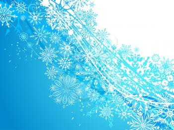 White and blue ornate snowflakes. There is copy space for your text.