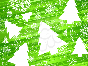 Bright background with Christmas trees and snowflakes. There is place for your text on white area.