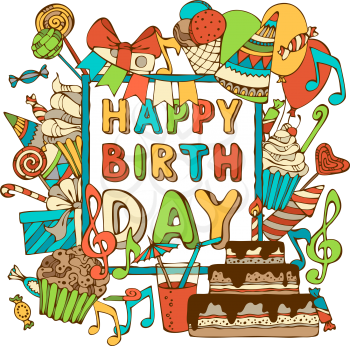 Hand-drawn Birthday sweets, party blowouts, party hats, gift boxes and bows, garlands and balloons, music notes and firework, candles on birthday pie. You can place your text in the center of frame.
