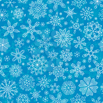 Various vintage linear snowflakes on blue background. Boundless texture can be used for web page backgrounds, wallpapers, wrapping papers, invitation, congratulations and festive designs. 