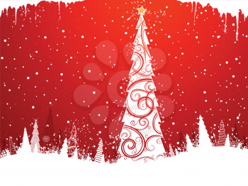 Red winter background with Christmas tree in the center. There is copy space for your text. 