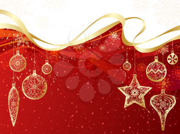 Gold Christmas decorations and snowflakes on grunge red background. There is copy space for your text on red and white areas. 
