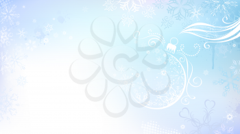Light abstract background with snowflakes and Christmas ball. There is copy space for your text.