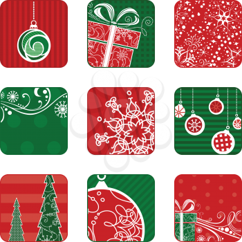 Square festive design elements isolated on white background. Christmas tree, Christmas decorations, snowflakes, gifts and Christmas balls. Red and green illustrations.