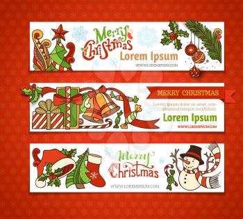 Cartoon Christmas tree and baubles, Santa sock and hat, holly berries, gifts, candy canes, snowman, swirls, sweets, bells and ribbons, stars and hand-written text. There is place for your text on whit