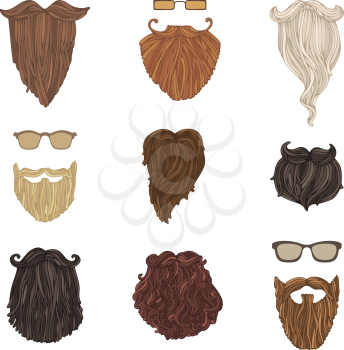 Hand-drawn vector blond, brunet, dark-haired, ginger and grey-haired beards isolated on white background.