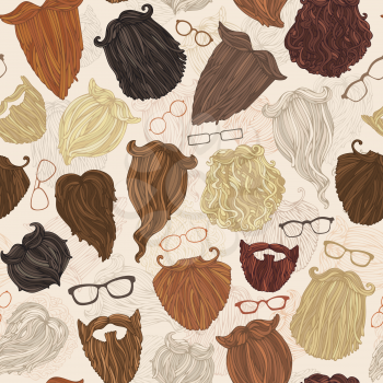 Blond, brunet, dark-haired, ginger, grey-haired beards and various eyeglasses on light background.