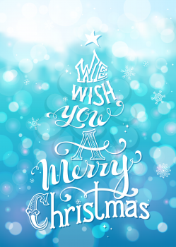 Merry Christmas Lettering on defocus background. Hand-written text with ornamental elements, snowflakes, star on the top. Bright blue background.