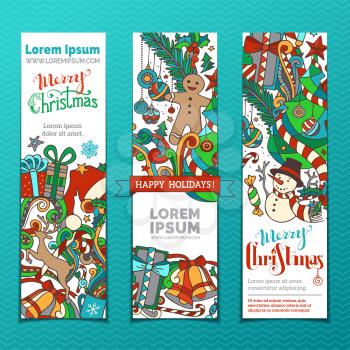 Three vertical templates for your design. Christmas tree and baubles, gifts, snowman, deer, Santa hat, holly berries, candy canes, gingerbread man and swirls.