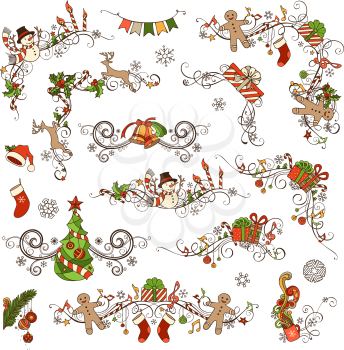 Vector calligraphic design elements for your holiday layout. Christmas tree, gifts, snowmen, gingerbread men, bells, deer, candy canes, garland, Santa socks and hats, holly berries and candles, music 