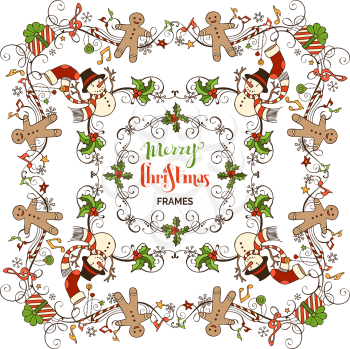 Vector vintage decorations for your holiday layout. Gifts, snowmen, gingerbread men, bells, baubles, candy canes, Santa socks, holly berries, music notes. 