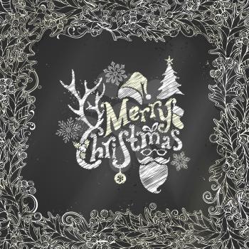 Vector chalk holly berries frame on blackboard background. There is place for your text in the center.