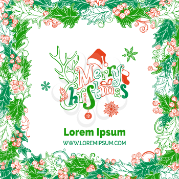 Vector holly berries background. Hand-drawn lettering. There is place for your text on white background in the center.
