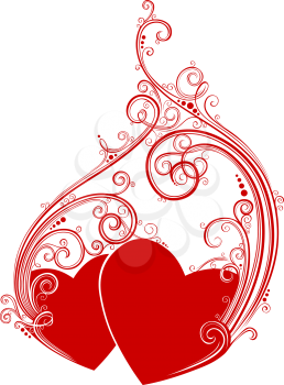 Valentines doodle design with two red hearts isolated on a white background.