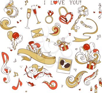 Gold and red. Cupid, balloons, music notes, clouds, rainbow, key and lock, chain, kiss, ribbon, ring, glass of wine, roses, candles, swirls.
