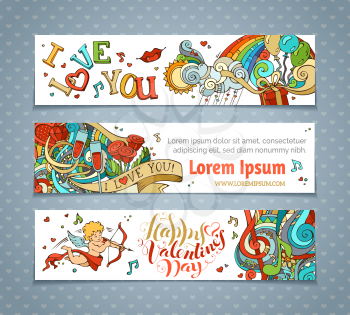 Cupid, hearts, music notes, gift, balloons, rainbow, ribbon, ring, roses, hand-written lettering. Vector cartoon romantic banners. There is place for your text. 