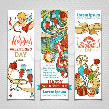 Set of vertical romantic banners. Cupid, hearts, gift, balloons, ribbon, ring, roses, glasses, music notes, hand-written lettering. Vector colourful web templates.