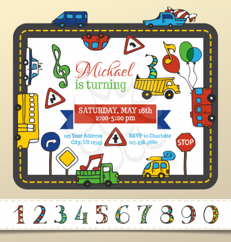 Hand-drawn doodles cars and road signs. Traffic frame. There is place for your text in the center. You can use numbers for your invitation design.