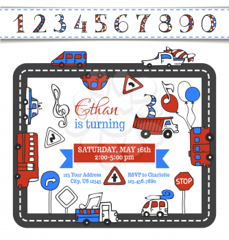 Hand-drawn doodles cars and traffic signs. Vehicles carry balloons, blowouts and candies. You can use numbers for your invitation design.