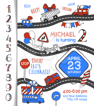 Hand-drawn doodles cars and traffic signs, balloons and blowouts, garland and sweets, gift and firework. You can use numbers for your invitation design.