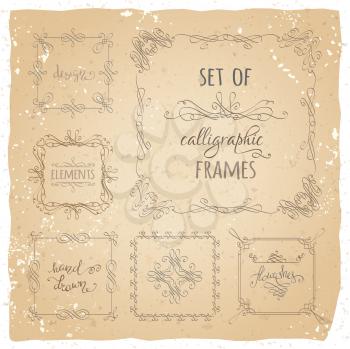 Hand-drawn ornaments, design elements, flourishes, page decorations and dividers on vintage paper. Can be used for invitations and congratulations.