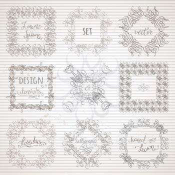 Hand-drawn ornaments, design elements, flourishes, page decorations and dividers on striped vintage paper. Can be used for invitations and congratulations.