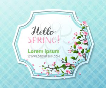 Spring blossoms on branches in label. Handwritten grunge brush lettering. Vector card template. You can place your text in the center.