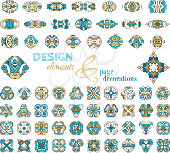 Design elements and ornamental page decorations. Blue and gold.  Isolated on white background. 