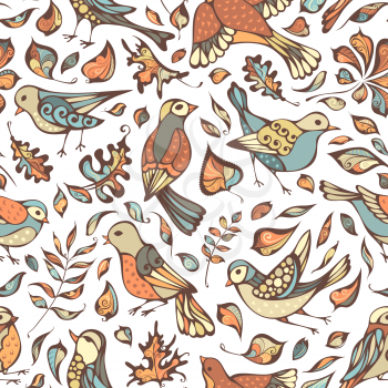 Hand-drawn pastel nature boundless background. Oak, maple, birch, rowan, chestnut leaves.