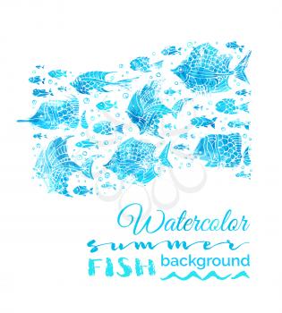Bright blue fish silhouettes with white contours on white background. Underwater blue sea life.