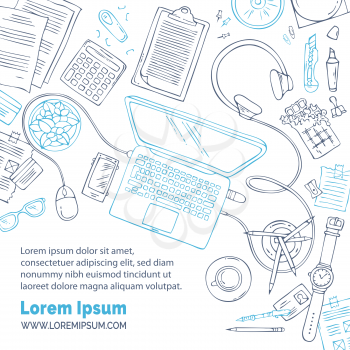 Hand-drawn gadgets and office supplies on white background. Top view. Doodles design elements for work and education. Stationery, laptop, coffee, pen, pencil.