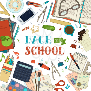 Doodle stationery and school subjects on white background. Books, colored pencils, brushes, compass, clips, scissors and others. Vector illustration.