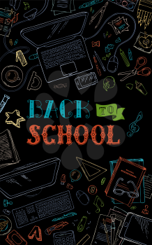 Doodle linear stationery, gadgets and school subjects on black background. Books, colored pencils and brushes, laptop, clips, scissors and others. Vector illustration.