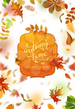 A lot of colourful leaves on white background. Nature vertical banner. Blurred background. Badge with text. Oak, rowan, maple and chestnut leaves.