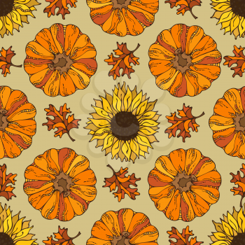 Pumpkin, sunflower and autumn leaf. Thanksgiving day. Boundless background for your autumn design. Fall time.