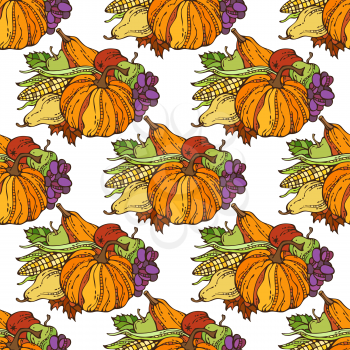 Plenty of fruits and vegetables. Corn, pumpkin, grape, autumn leaf, apple and pear. Harvest time. Boundless background for your design.