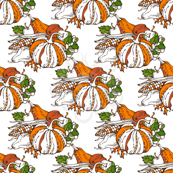 Plenty of fruits and vegetables. Corn, pumpkin, grape, autumn leaf, apple and pear. Harvest time. Boundless background for your design. Orange, green and white.