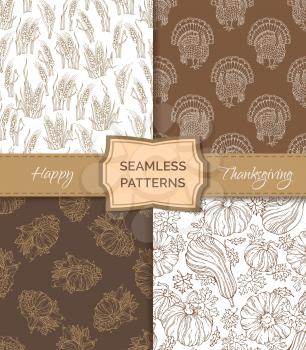 Pumpkin, turkey, wheat, corn, leaf, apple and pear, plenty of fruits and vegetables. Boundless hand-drawn sketch harvest backgrounds.
