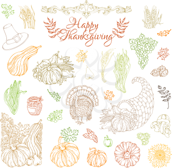 Colourful contours of traditional festive symbols isolated on white background. Turkey, horn of plenty, pilgrim hat, pumpkin, wheat and others.