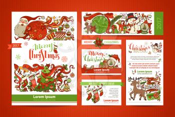 Vector design elements. A4 paper, business cards, banners. Christmas tree and Christmas balls, Santa with sack, snowman, gingerbread man, Santa socks, lettering.