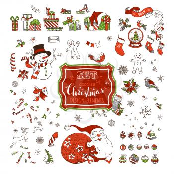 Christmas baubles, Santa with sack, snowman, gingerbread man, Santa socks, gifts, snow globe, poinsettia.