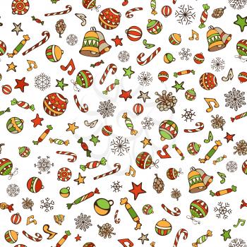 Christmas tree baubles, sweets, candy canes, stars, music notes and snowflakes, bells and pine cones on white background.