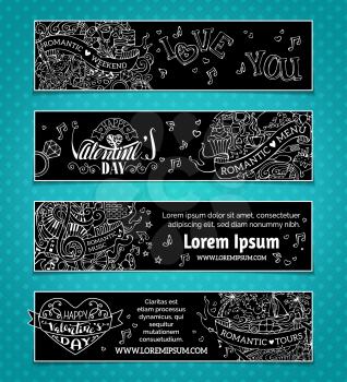 Doodles Valentine's day and wedding banners. Romantic music, weekend, menu, tours. There is place for your text on blackboard background.