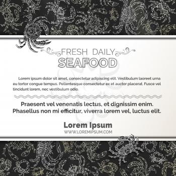 Seafood menu template on blackboard background. There is place for your text on white horizontal paper.