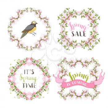 Pink flowers and leaves on tree branches. Hand-drawn bird, ribbon, seasonal lettering and flourishes. There is copyspace for your text.